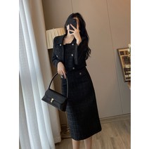 트위드 원피스 하객룩 자켓 투피스 슈트 여성 가을 옷 새로운 프랑스 복고풍 연예인 기질 햅번 스타일 허리 슬리밍 드레스