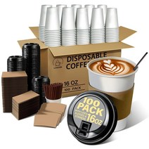 뚜껑 빨대 및 슬리브가 있는 473.2ml16온스 일회용 커피 컵100팩 뜨겁거나 차가운 음료용 휴대용 종이 컵 - 가정 사무실에 이상적 두꺼운 크래프트 손가락을 가열로부터