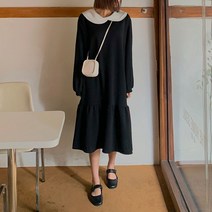 로로텐 이중 카라 배색 롱 원피스 스판 무지 셔링 A라인 빅사이즈