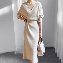 여성 오프숄더 미디 골지 니트 원피스 W243