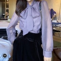 DAPANDA 리본 셔츠 여가을 긴팔 프렌치 셔츠 코디 느낌 리본 벌룬 소매 아사 톱