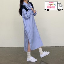 더핑크 / 쿠팡ONLY빠른배송) 여성 봄 리젝 오버핏 스트라이프 셔츠 롱 원피스 [더핑크]