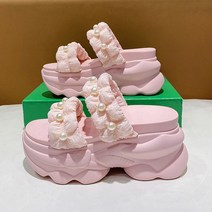 더블 진주 스트랩 8cm 통굽 키높이 슬리퍼