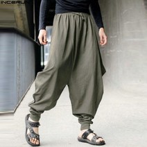 incerun 남성용 하렘 헐렁한 바지 남성 하카마 린넨 캐주얼 와이드 레그 남성용 바지 일본 바지 남성용 크로스 바지 가랑이 바지 5xl