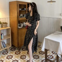동남아원피스 스퀘어넥원피스 트임 플라워 원피스 빈티지 날씬해보이는 브이넥 쉬폰