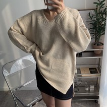 뜨개진 여성용 루즈핏 옆트임 리본 레티니 브이넥 롱 니트