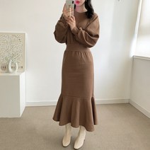 체리 라운드넥 밴딩 머메이드 슬림 기모 롱 원피스