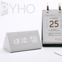 PYHO 디지털 온도계 탁상 시계 led 온습도 나무무늬 탁상시계, 흰나무백
