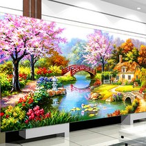 실십자수 도안 세트 풍경 시골 집 자연 꽃 집 마을 고급 큰사이즈 실크실, 면사 153x82cm세 가닥 자수