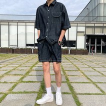 2TYPE 린넨 데님 오버핏 반팔셔츠 셋업 반바지 와이드팬츠(2color)