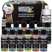 U.S. Art Supply 쏟아지는 마스터 12색 금속 즉시 붓기 아크릴 붓는 페인트 세트 - 프리미엄 사전 혼합 고유량 2온스 병 - 캔버스 나무 종이 공예품 타일 암석 등, 36 Count (Pack of 1)