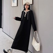 배색 후드 빅사이즈 롱 원피스 베이지 블랙 후드 박스 수입 원피스 77사이즈