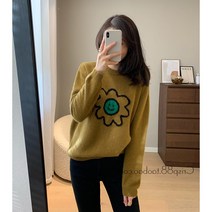 긴소매 상의 러블리 소프트 찰 와이드 루즈핏 라운드넥 큐트 웃는얼굴 플라워 라쿤 양털 울 스웨터 니트 톱 3698658595