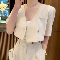 [파인스토리]린넨 노카라 크롭 반팔 자켓 언발 단추 일자 와이드 팬츠 세트