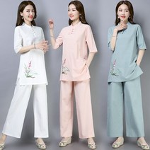 여성 봄 복고 자수 철릭 퓨전 한복 법복 투피스 세트 와이드 팬츠 한벌
