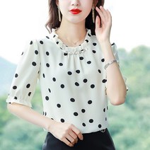 40대 50대 우아한 중년 실크 블라우스 반팔 도트