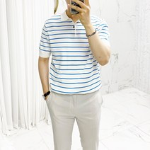 아도르클래식 버튼 카라 4컬러 스트라이프 니트 반팔티
