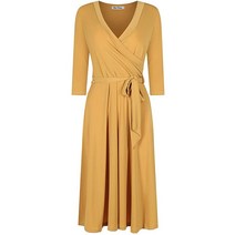 Bon Rosy 여성용 #MadeInUSA 7부 소매 브이넥 단색 맥시 랩 드레스 플러스 미드 네이비., Large, Mid Mustard