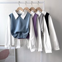 카라 셔츠 배색 루즈핏 레이어드 긴팔 니트 티셔츠 4컬러