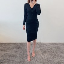 VANANA2 글램룩 여성 골지 슬림핏 브이넥 긴팔 미디원피스 2color