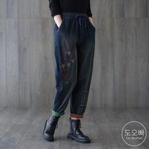 도오빠 여성 밴딩 청바지 루즈핏 배기 하렘 데님 진 워싱 포켓 자수 롤업 편안한 사계절 봄 가을 40대 50대 60대 중년 여자바지