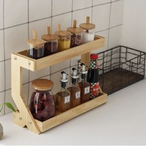 주방 다용도 폭좁은 틈새 식탁 위 2단 원목 우드 미니 소형 양념 선반 수납 장 정리대