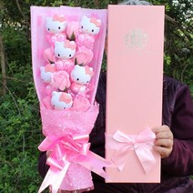 sanrio hello kitty plush 박제 꽃다발 kirby kuromi 인형 귀여운 비누 꽃 선물 상자 장미 꽃 꽃다발 발렌타인 데이 생일, 18 헬로 키티