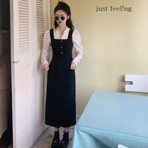 just feel!ng 여성용 여성복 빈티지 슬림 원피스 셔츠 투피스 미디 슬림핏 멜빵 스커트 가을원피스 빅 사이즈 여성원피스