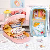 귀여운 캐릭터 키링 투명 칸막이 대용량 필통 파우치, 강아지
