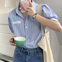 네모엔룩 여성용 트윈스트라이프 퍼프 반소매 카라 블라우스