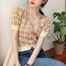 깨비몰 깨비몰 여성 데일리 꽃무늬 브이넥 크롭 가디건 니트반팔 (8764719)