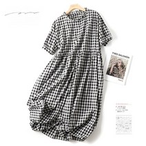 하객 바캉스 브이넥 긴팔 허리밴딩 쉬폰 슬림핏 롱 원피스 Linmei 일본 코튼 린넨 오리지널 레트로 격자 무늬 나무 귀 칼라 드레스 심플 클래식 루즈한 허리 캐주얼