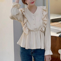브이넥 프릴 블라우스 긴팔 여성 페미닌 셔츠 봄 가을