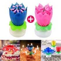 생일 케이크 기념일 회전 멜로디 연꽃초 특이한 생일초 파티용품 블루+핑크