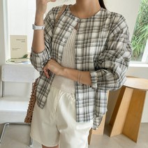 노카라라운드넥체크셔츠