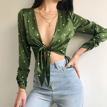 타이 블라우스 가을겨울 셔츠 여자여성 타이 프론트 폴카 도트 새틴 블라우스 드로스트링 디테일 주름 소