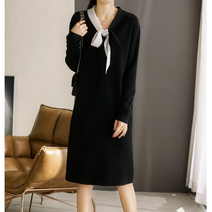 블랙 앤 화이트 배색 끈을 매다 니트 원피스 패션 리본 니트 스커트