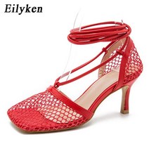 Eilyken- 한 메쉬 펌프스 샌들 스퀘어 토 하이힐 레이스업 크로스 타이 스틸레토 할로우 원피스 스트리퍼 슈즈 여성용 여름 가을