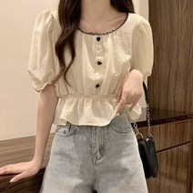 스퀘어 넥 블라우스 셔링 스위트 칼라 여성 부드러운 여름 최신 패션젊은 스타일심플한 크롭소녀 캐주얼 상품