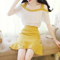 A184 투피스세트 모던 나시 오프숄더 블라우스 미니스커트 여성데이트룩 멤버 르네제이