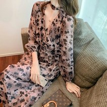 레오파드 브이넥 플라워 롱스커트 여 2023년 봄가을 원피스 Whr0188