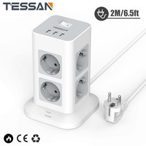 테산 수직 타워 멀티탭 전원 스트립 EU KR 표준 플러그 8 AC 콘센트 3 USB 포트 스위치 2M 연장 케이블 과부하 서지 보호 접지, 1개