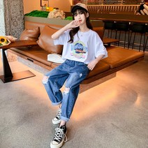 Himty 여자 찢어진 청바지 여름 반팔 티셔츠 순수한면 9 Domineering Girls 큰 하이 엔드 서양 스타일 투피스 세트