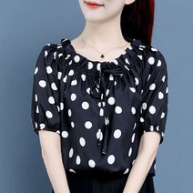 땡땡이 도트 블라우스 셔츠 루즈핏 셔링 레이스 리본 여성 여름 새 캐주얼 퍼프 소매
