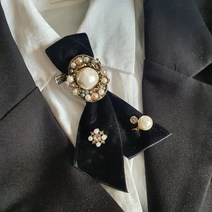 고퀄 핸드메이드 옷핀 명품 엔틱진주 보석 벨벳 리본타이 브로치
