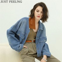 JUST FEEL!NG 여성 오버핏 체크 데님 숏 청 자켓 가죽 패치 점퍼 봄신상 예쁜 외투