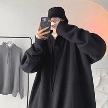 가을겨울 ins 후드 스웨터 남성 빈티지 도톰 코트 이너 루즈핏 솔리드 풀오버 니트