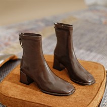 TZQW 흠광지성 브라운 통굽 앵클부츠 여성 헤드 베이지 미들 힐 부츠3-5CM