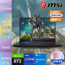 MSI 노트북 PULSE 17 B13VFK-i9 WIN11 PRO 게이밍 고성능 노트북, 64GB, 3TB, 코어i9, 블랙
