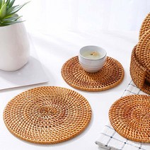 아카시아 핸드메이드 라탄 원형 컵받침 4p, 딥한 브라운